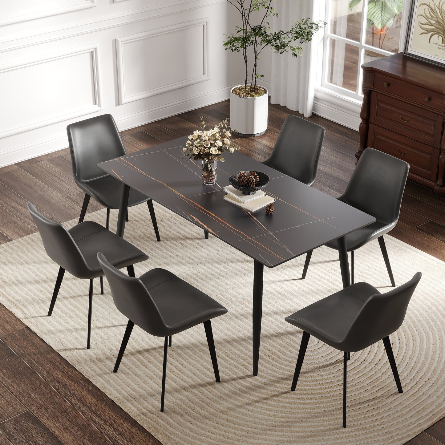 62.99" Modern Artificial Stone Black Straight Edge Black Metal Leg Dining Table-Can Accommodate 6 People(Dining Table Only)