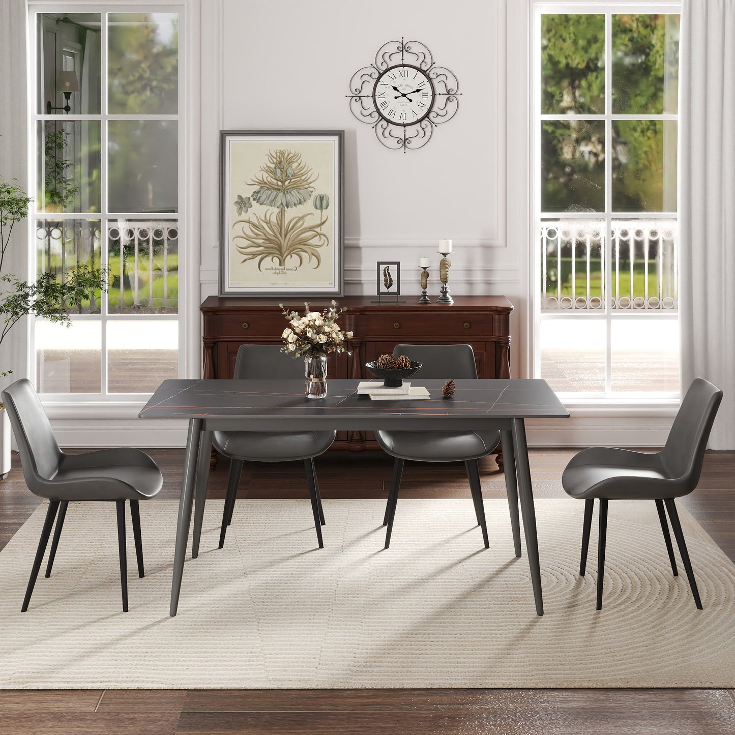 62.99" Modern Artificial Stone Black Straight Edge Dark Grey Metal Leg Dining Table-Can Accommodate 6 People(Dining Table Only)
