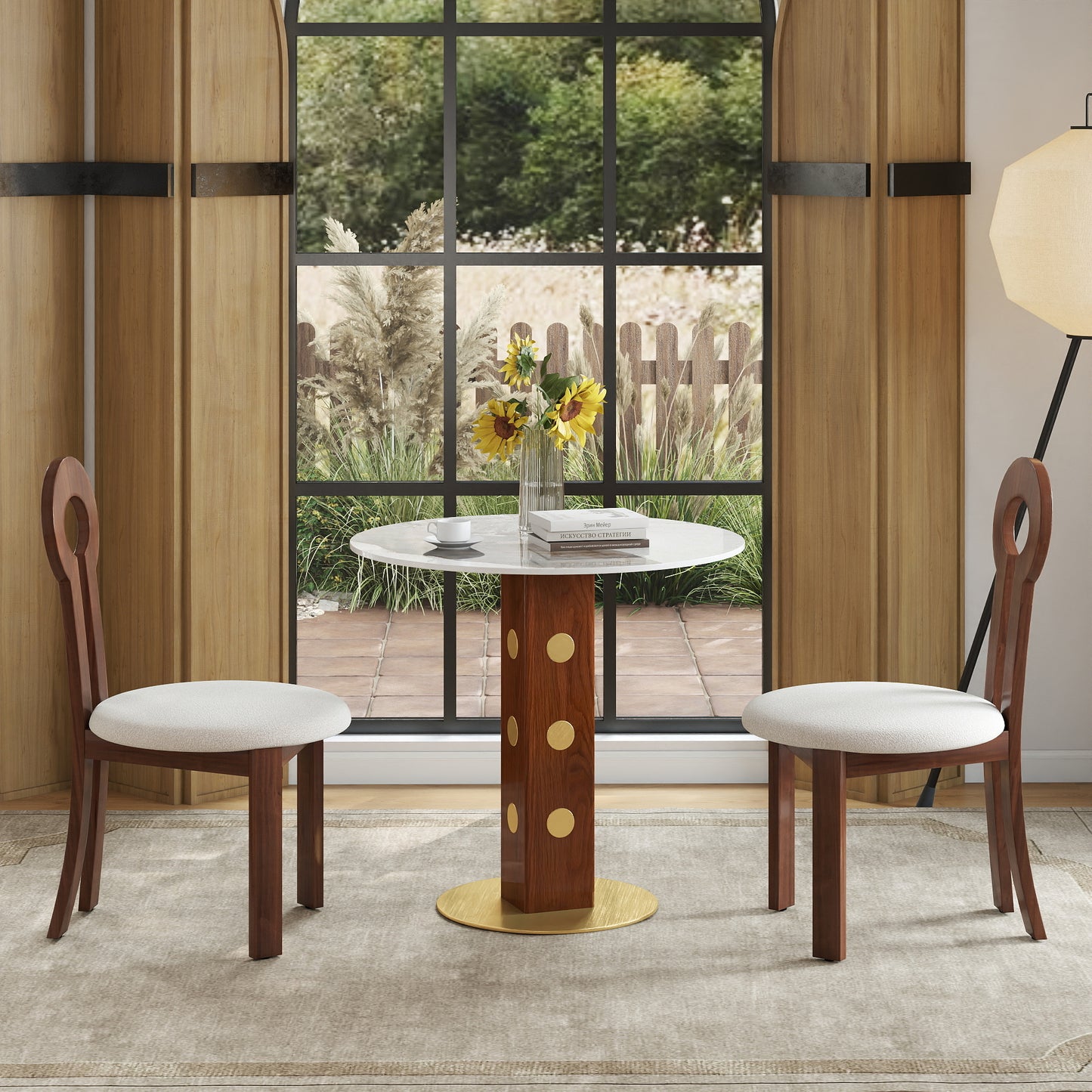 Modern Round Dining Table, 33.5" Sintered Stone Table with Wooden Leg & Gold Base, 2 - Person Kitchen Table for Small Space, 150lbs Weight Capacity(Only the Negotiation Table)