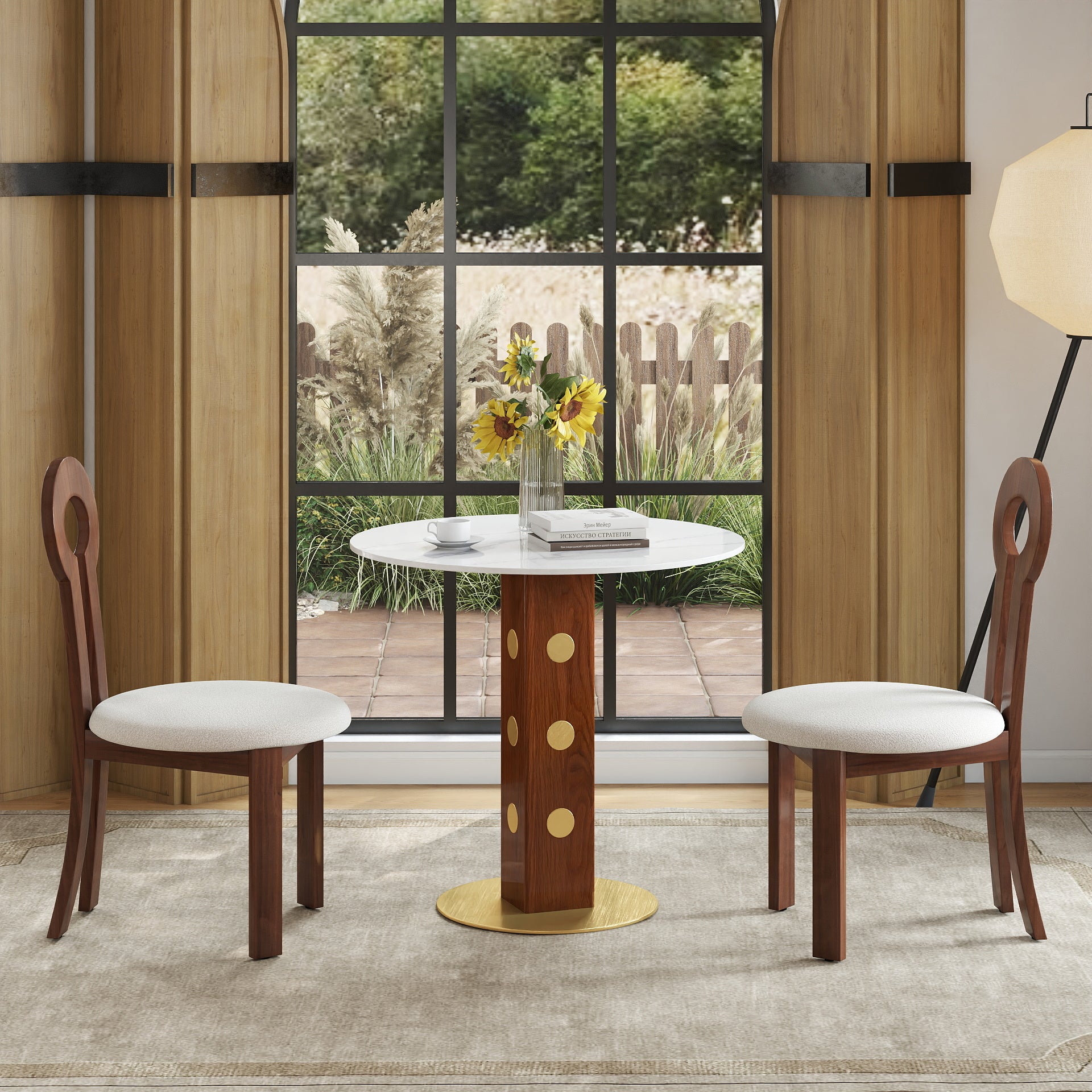 Modern Round Dining Table, 33.5" Sintered Stone Table with Wooden Leg & Gold Base, 2 - Person Kitchen Table for Small Space, 150lbs Weight Capacity(Only the Negotiation Table)