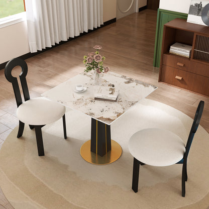 Modern Square Negotiation Table - 85cm White Sintered Stone Top, Black Wooden Legs with Golden Metal Base(Only the Negotiation Table)