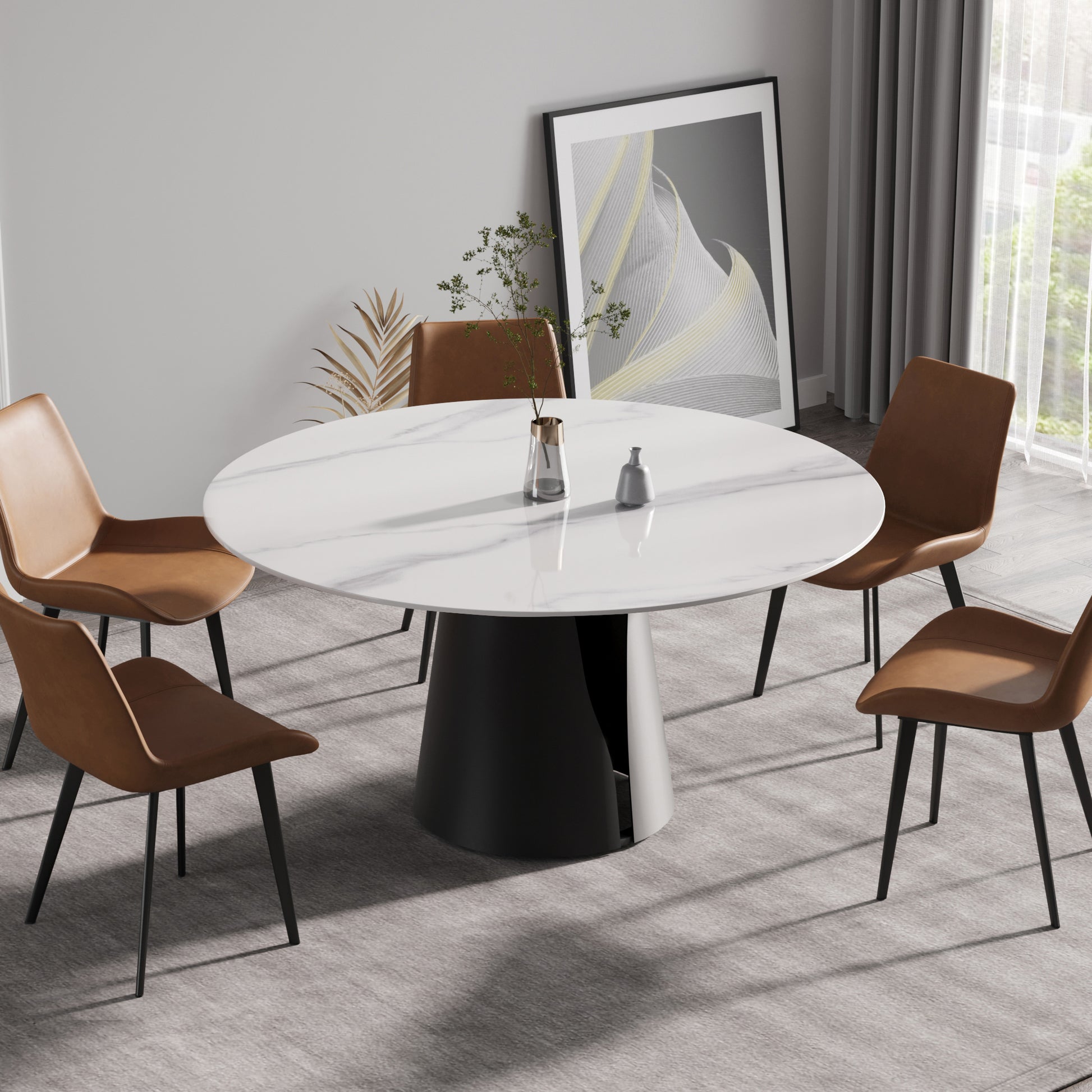 59" Modern Marble Round Dining Table - Black Steel Base
