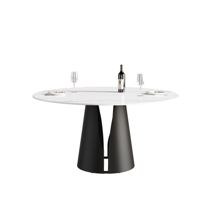 59" Modern Marble Round Dining Table - Black Steel Base