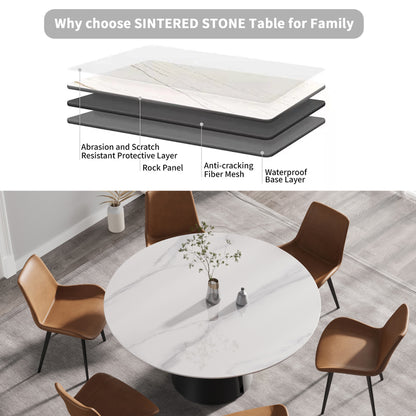59" Modern Marble Round Dining Table - Black Steel Base