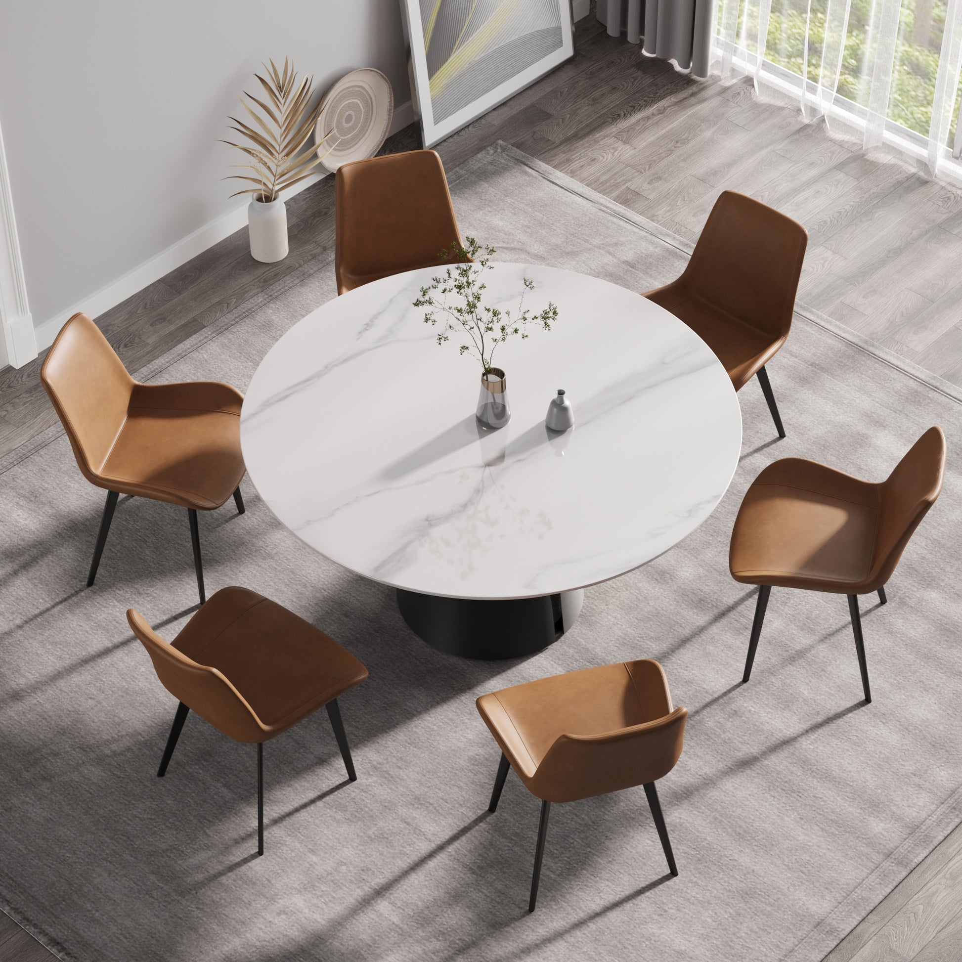 59.05"Modern artificial stone round black carbon steel base dining table-can accommodate 6 people(Only the Dining Table)