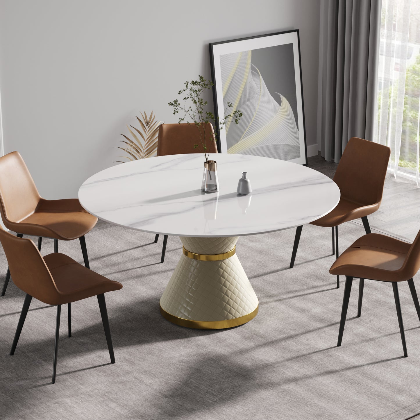Large White Marble Round Dining Table - 6 Person Capacity