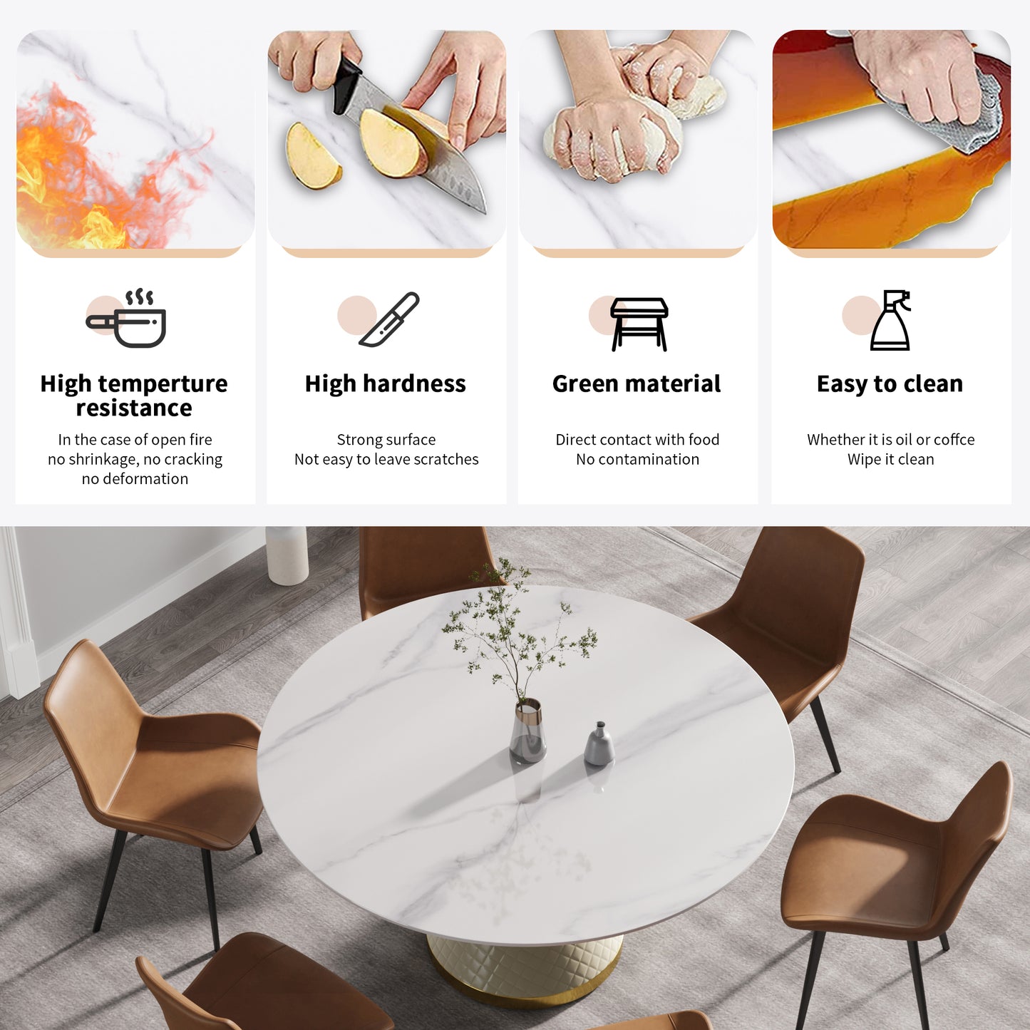 Large White Marble Round Dining Table - 6 Person Capacity