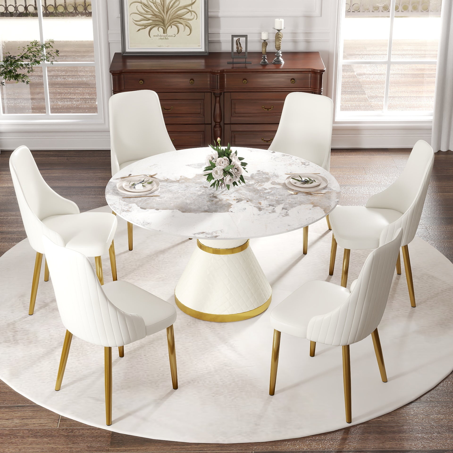 Modern White Dining Table - 6 Person Round Sintered Stone