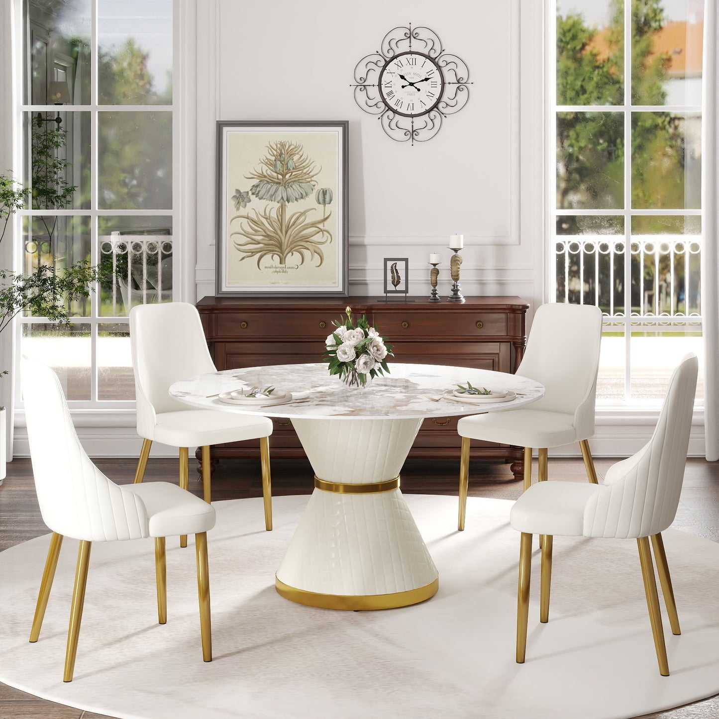 53.15"Modern artificial stone round white carbon steel base dining table-can accommodate 6 people(Only the table)