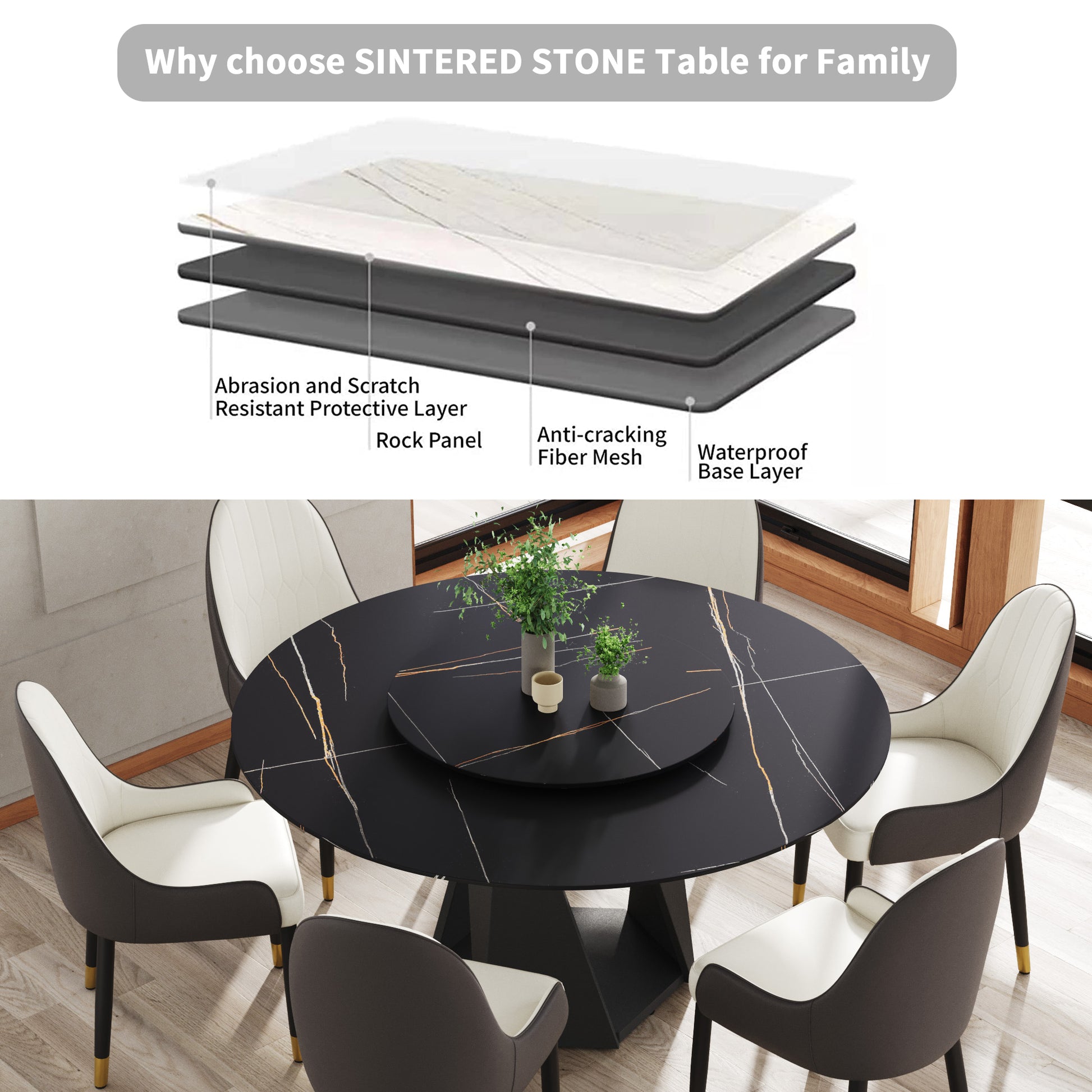 Round Sintered Stone Dining Table with Black Metal Base for Dining Room