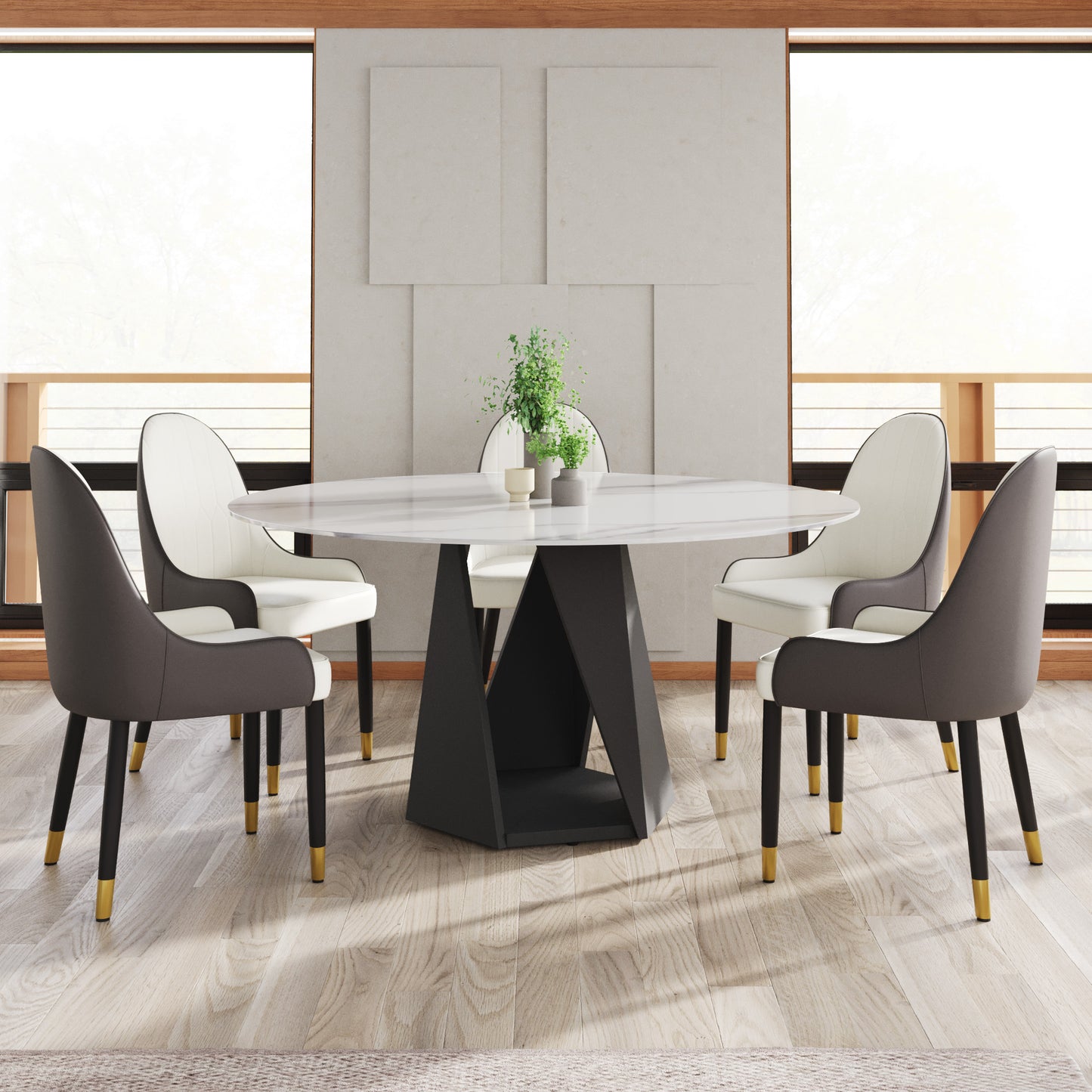 59.05" Round Marble Dining Table with Black Iron Metal Base, Artificial Marble for 6-8 People, Dining Room/Living Room Kitchen Dining Table,White (Dining Table Only)