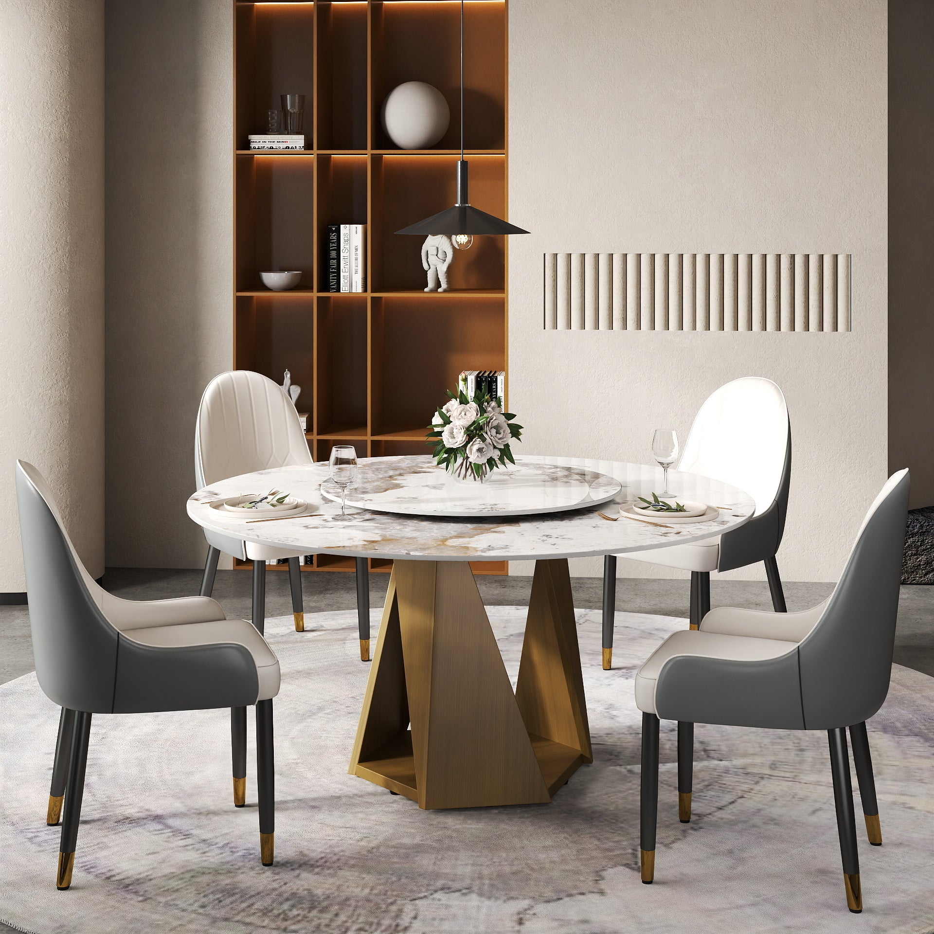 59.05" Round Marble Dining Table with Bronze Iron Metal Base, Artificial Marble for 6-8 People, 31.5"White Artificial Stone Turntable,White (Dining Table Only)