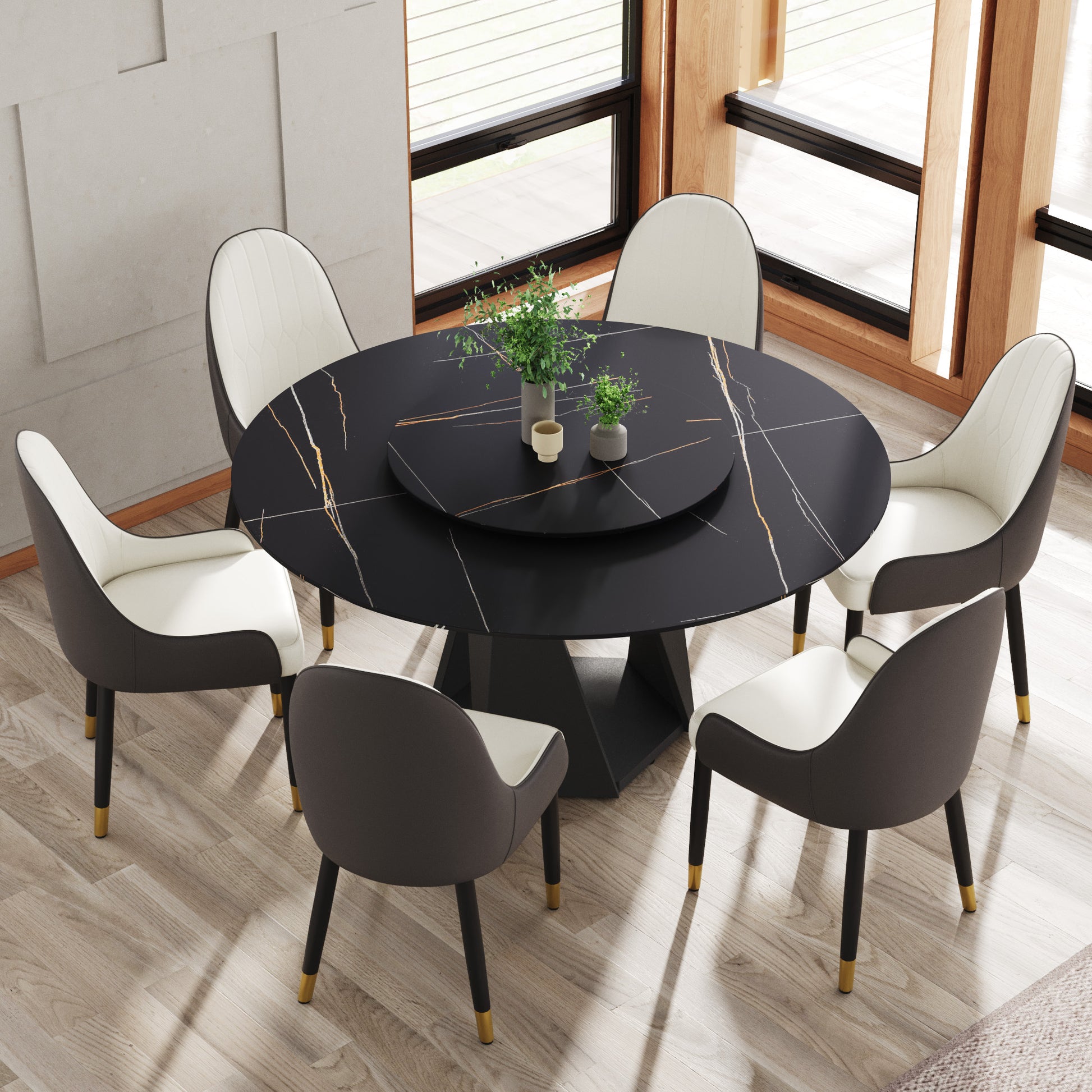 Round Sintered Stone Dining Table - 59" Black for Dining Room