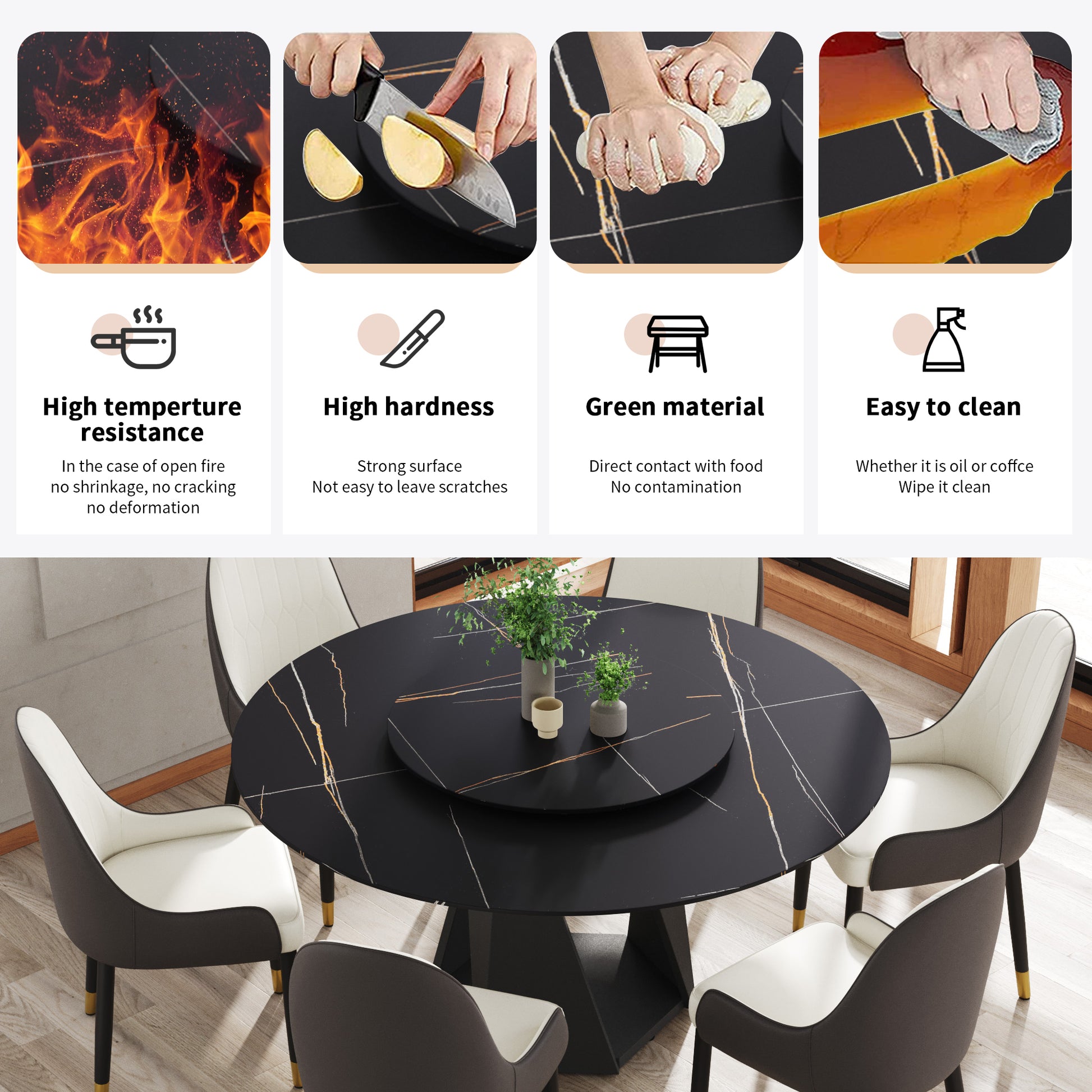 Round Sintered Stone Dining Table - 59" Black for Dining Room