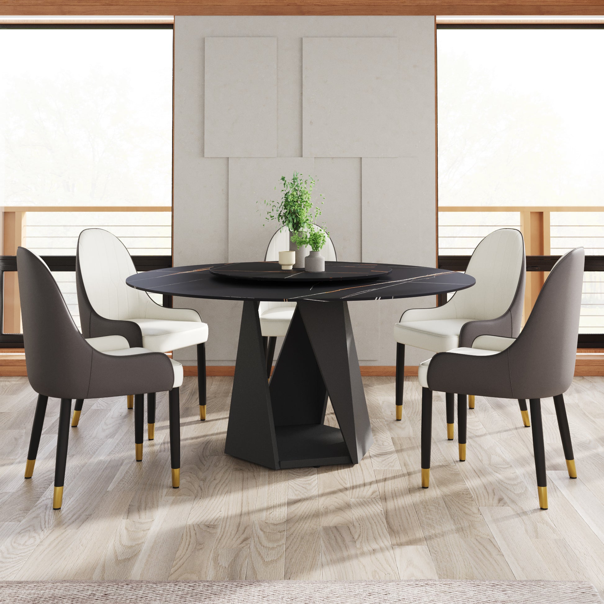 59.05" Round Marble Dining Table with Black Iron Metal Base, Artificial Marble for 6-8 People, 31.5"Black Artificial Stone Turntable,Black (Dining Table Only)