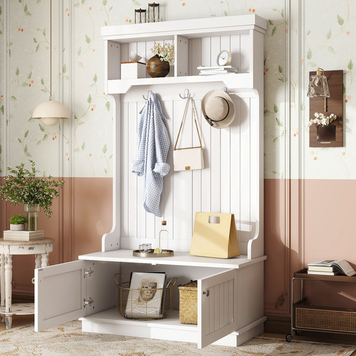 Hall Tree with Storage - White Coat Rack & Shoe Bench