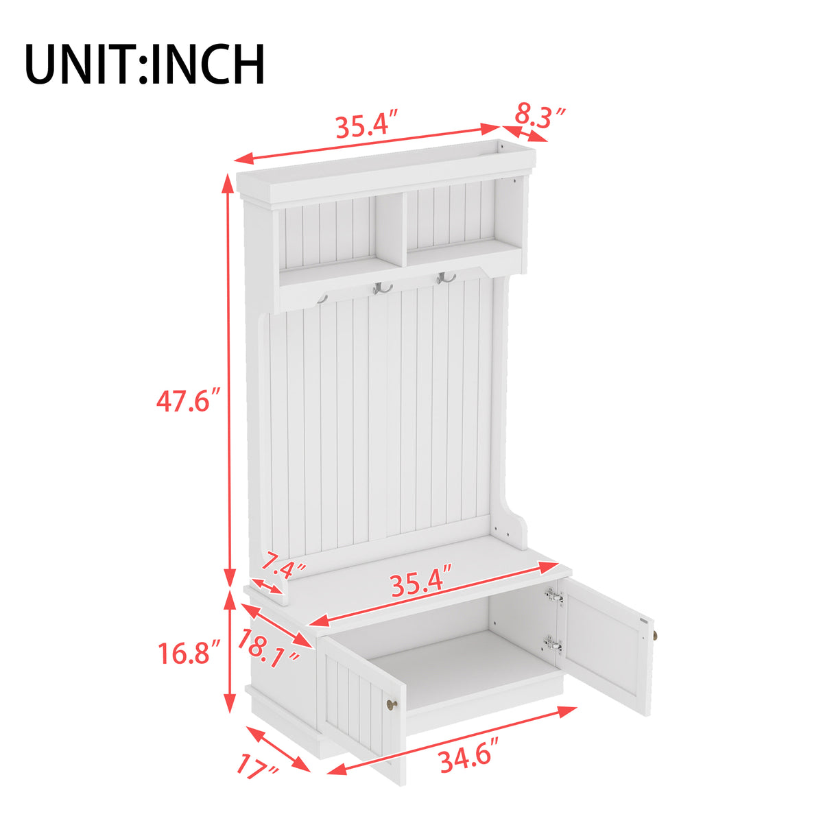 Hall Tree with Storage - White Coat Rack & Shoe Bench