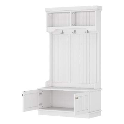 Hall Tree with Storage - White Coat Rack & Shoe Bench