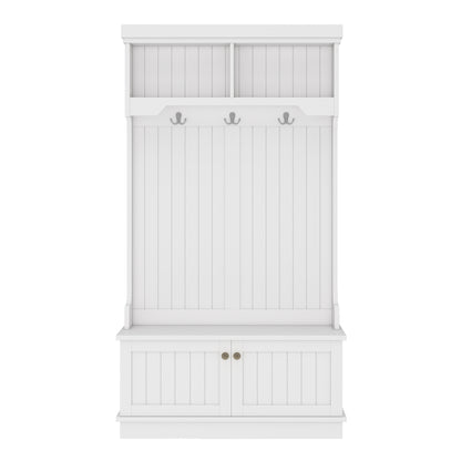 Hall Tree with Storage - White Coat Rack & Shoe Bench