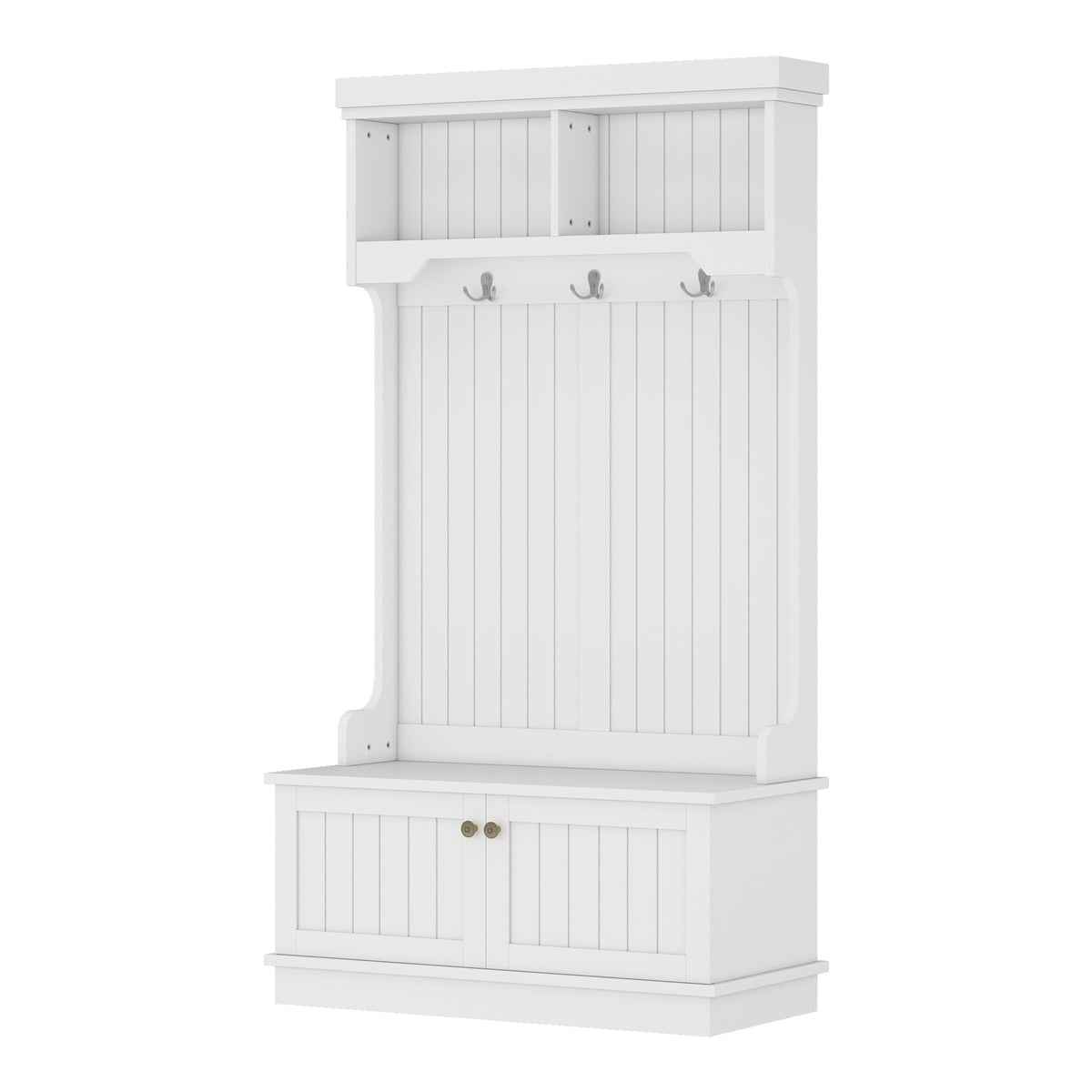 Hall Tree with Storage - White Coat Rack & Shoe Bench