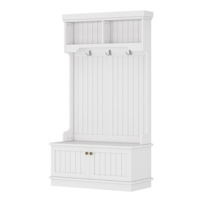 Hall Tree with Storage - White Coat Rack & Shoe Bench