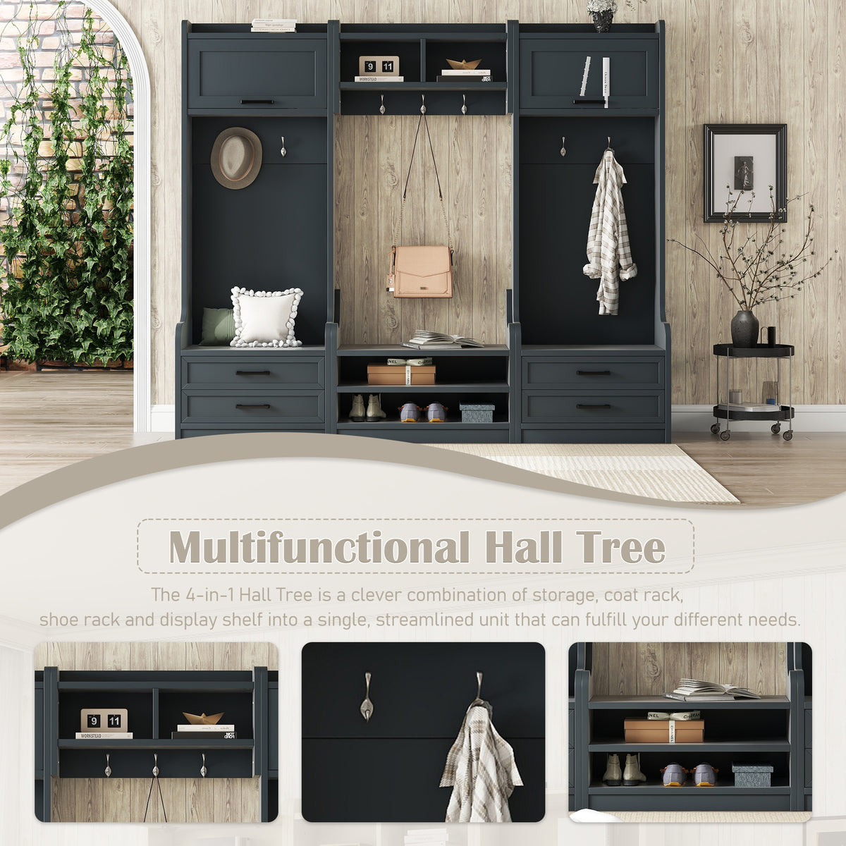 Antique Blue 4-in-1 Hall Tree with Storage & 7 Hooks
