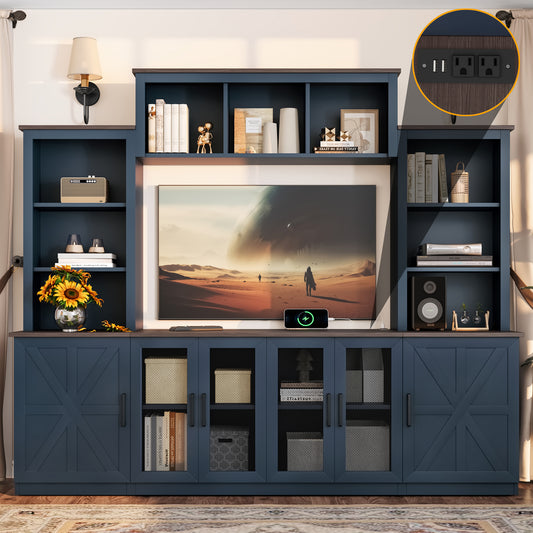 Wall Unit Entertainment Center with Charging Station and USB Charging for TVs,TV Stand with Large Storage Cabinet,Modern TV Stand Media Console with Cabinets,Blue