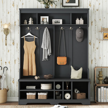 Modern Hallway Hall Tree with Metal Hooks and Storage Space, Multi-Functional Entryway Coat Rack with Shoe Cubbies, Black