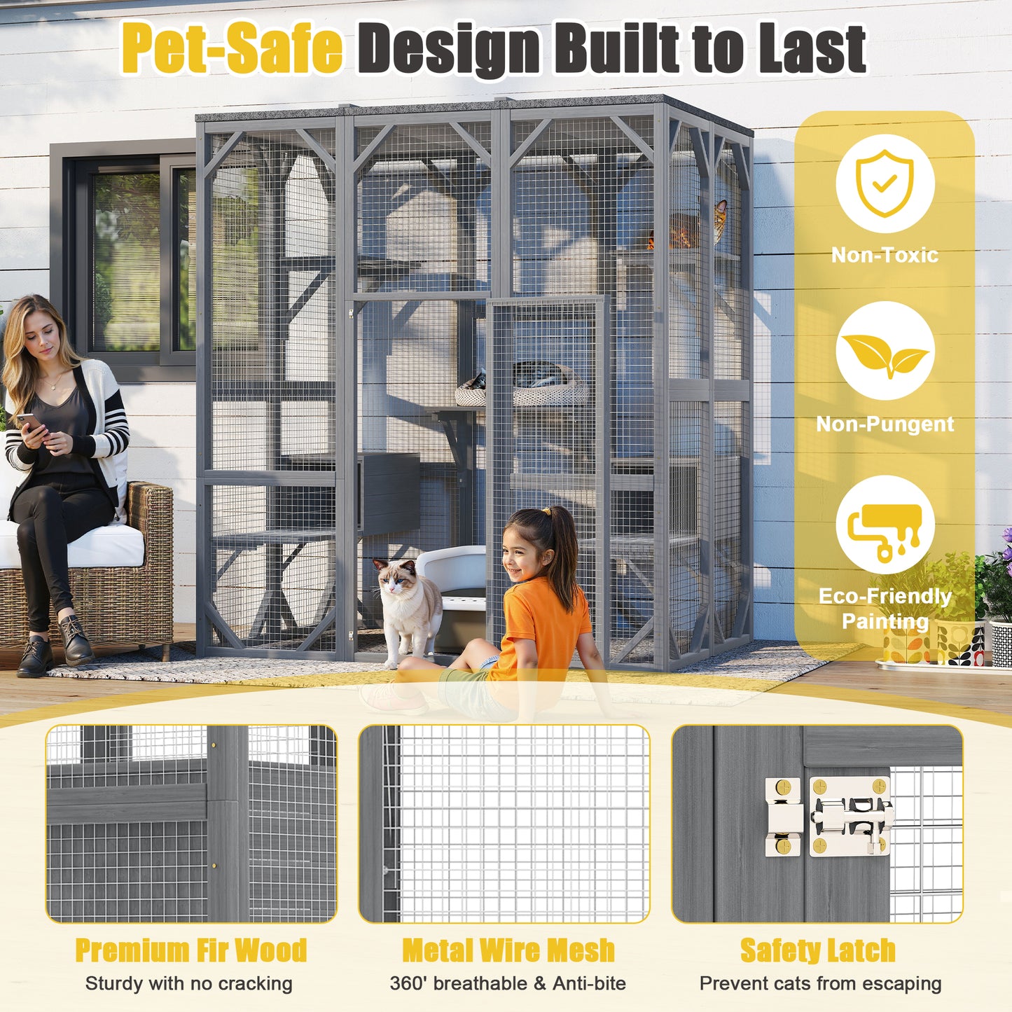 Gray Solid Wood Cat House for Multiple Cats with 6 Platforms