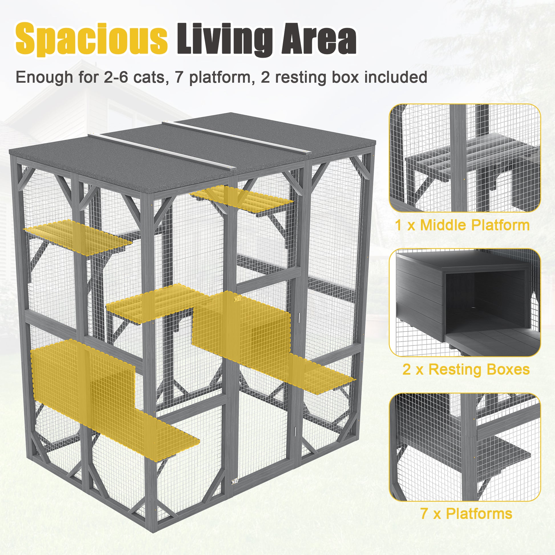 Gray Solid Wood Cat House for Multiple Cats with 6 Platforms