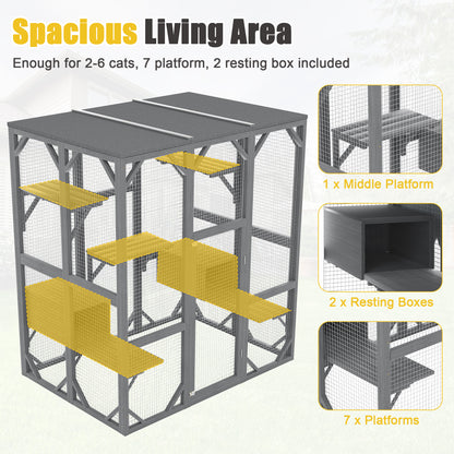 Gray Solid Wood Cat House for Multiple Cats with 6 Platforms
