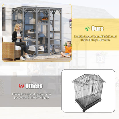 Gray Solid Wood Cat House for Multiple Cats with 6 Platforms