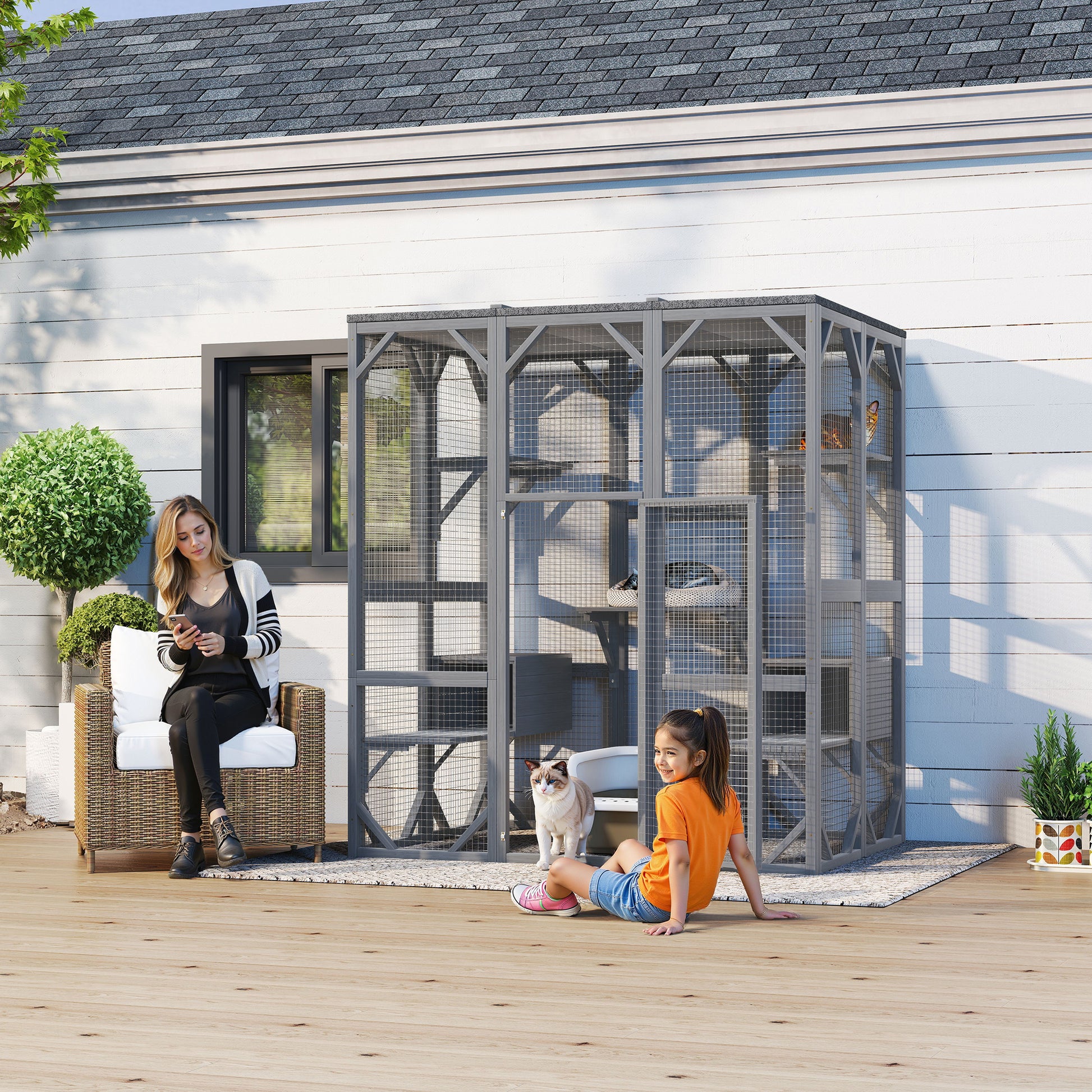 Gray Solid Wood Cat House for Multiple Cats with 6 Platforms