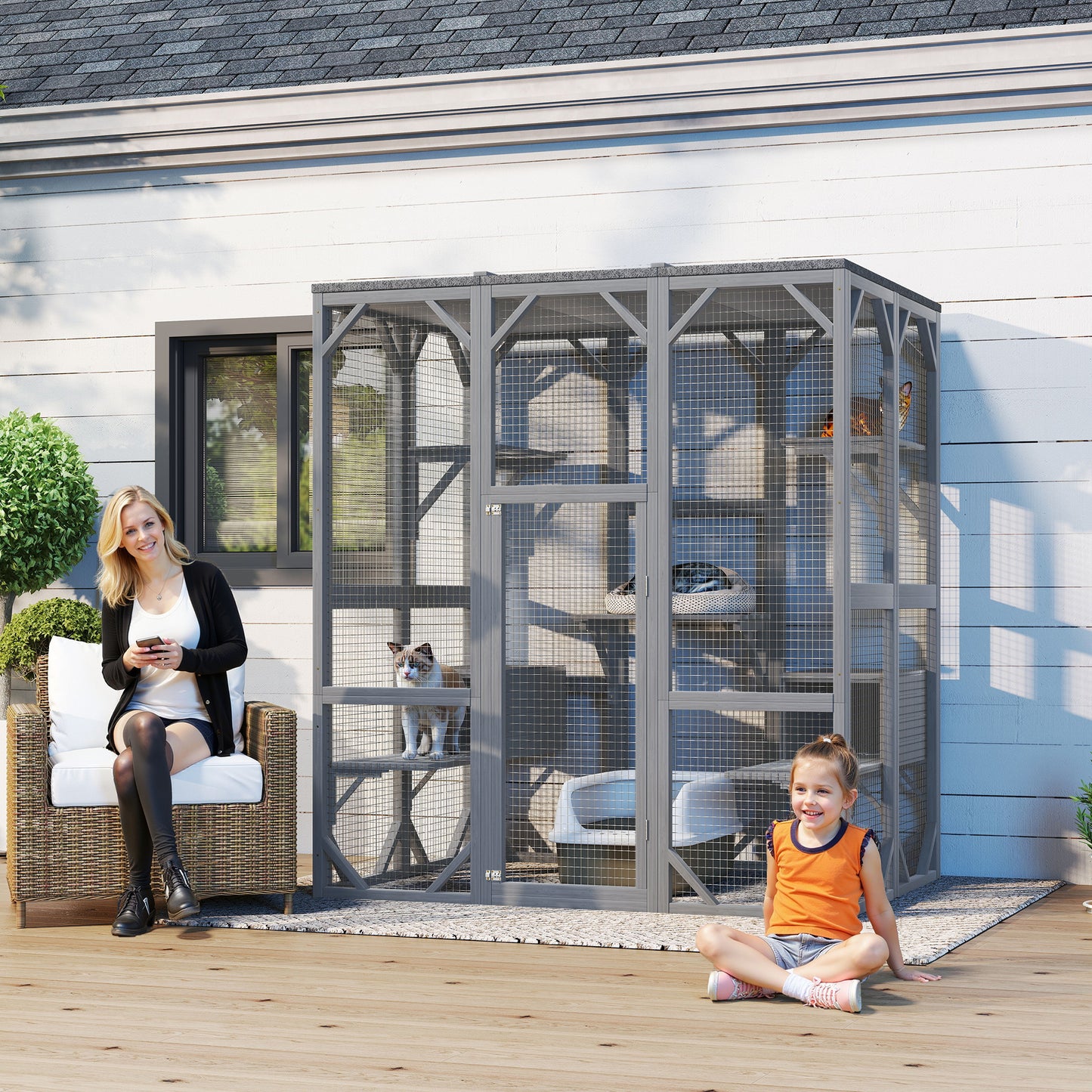 Gray Solid Wood Cat House for Multiple Cats with 6 Platforms