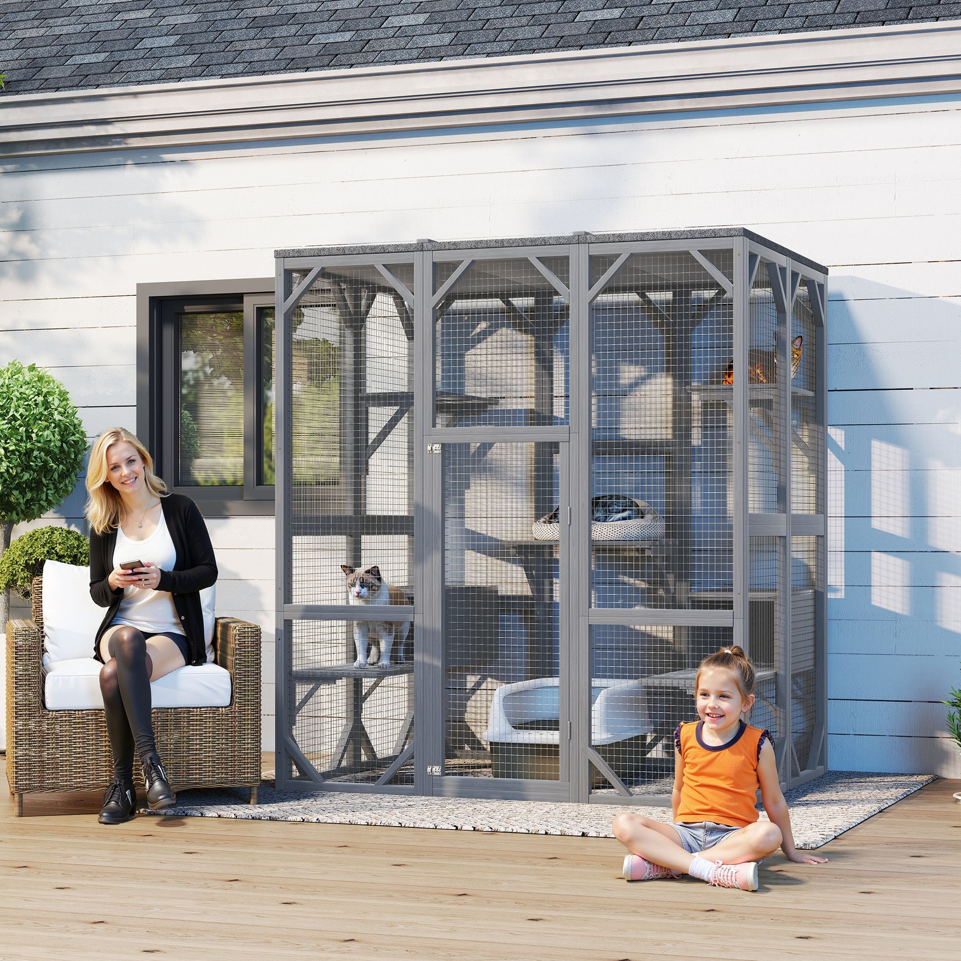 Gray Solid Wood Cat House for Multiple Cats with 6 Platforms