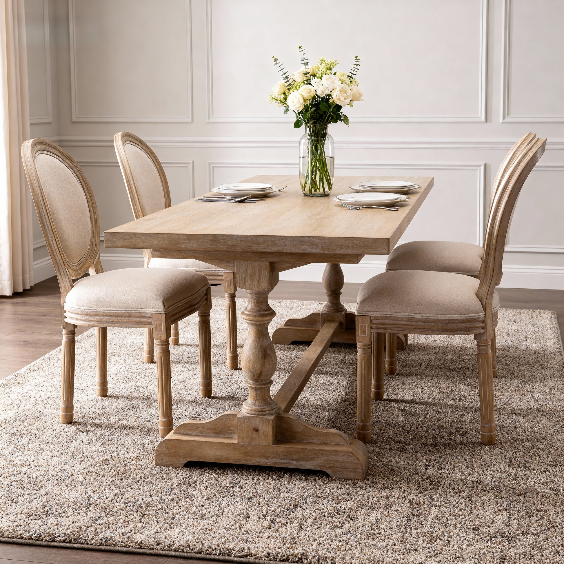 Beige French Country Dining Chairs - Set of 2 Solid Wood Frame
