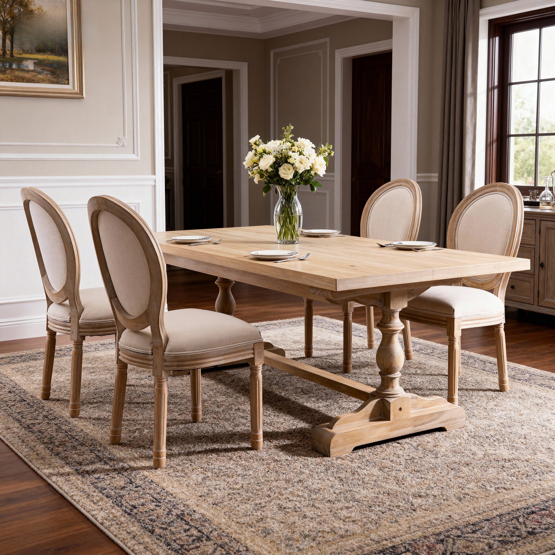 Beige French Country Dining Chairs - Set of 2 Solid Wood Frame