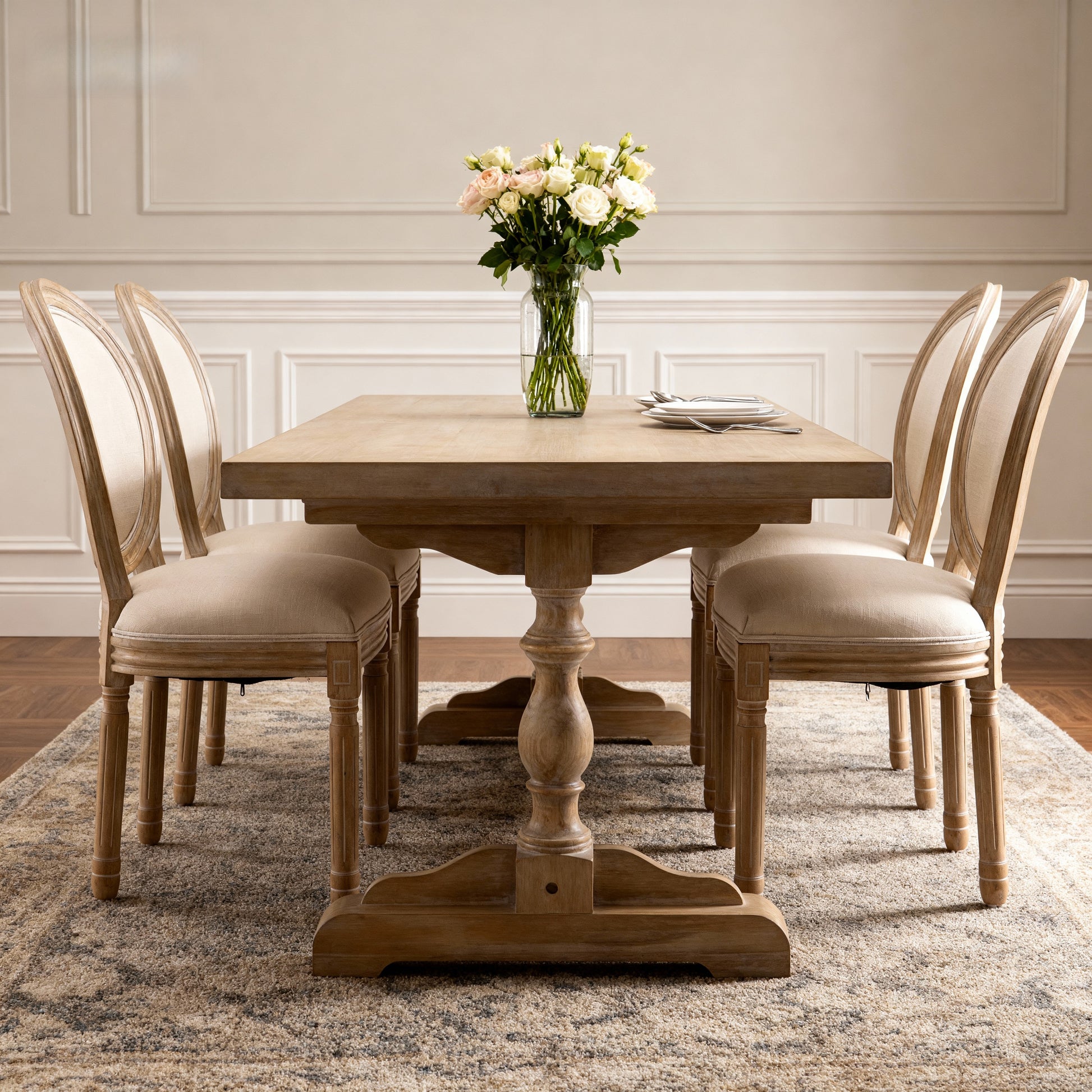 Beige French Country Dining Chairs - Set of 2 Solid Wood Frame