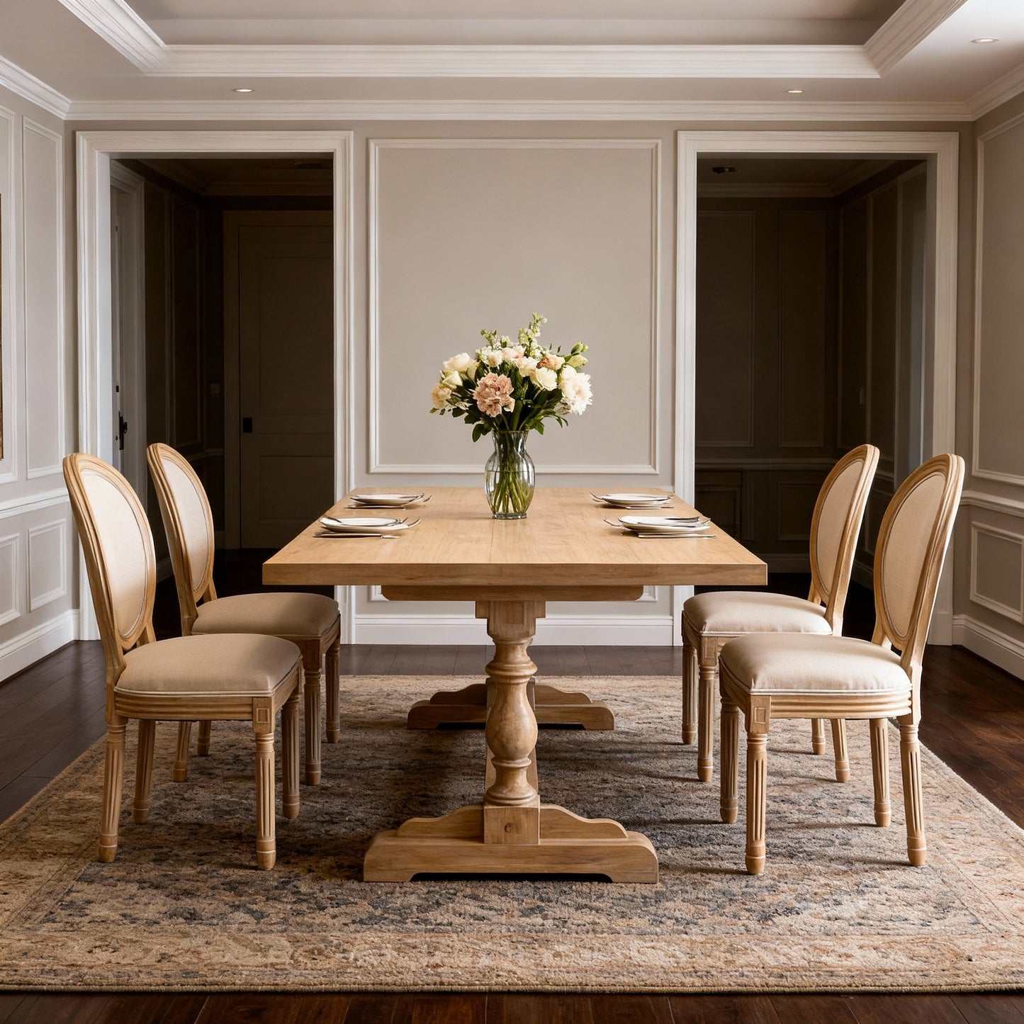 Beige French Country Dining Chairs - Set of 2 Solid Wood Frame