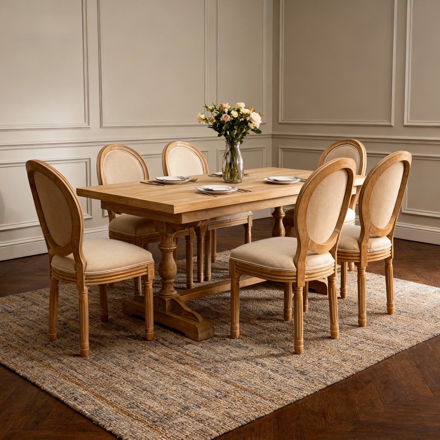 Beige French Country Dining Chairs - Set of 2 Solid Wood Frame