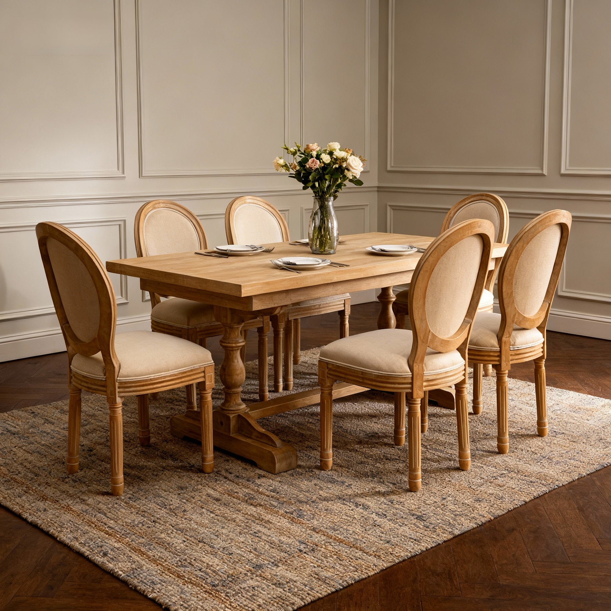 Beige French Country Dining Chairs - Set of 2 Solid Wood Frame