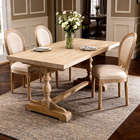 French Style Solid Wood Frame  Linen Fabric Oval Back Dining Chair,Set of 2,Beige
