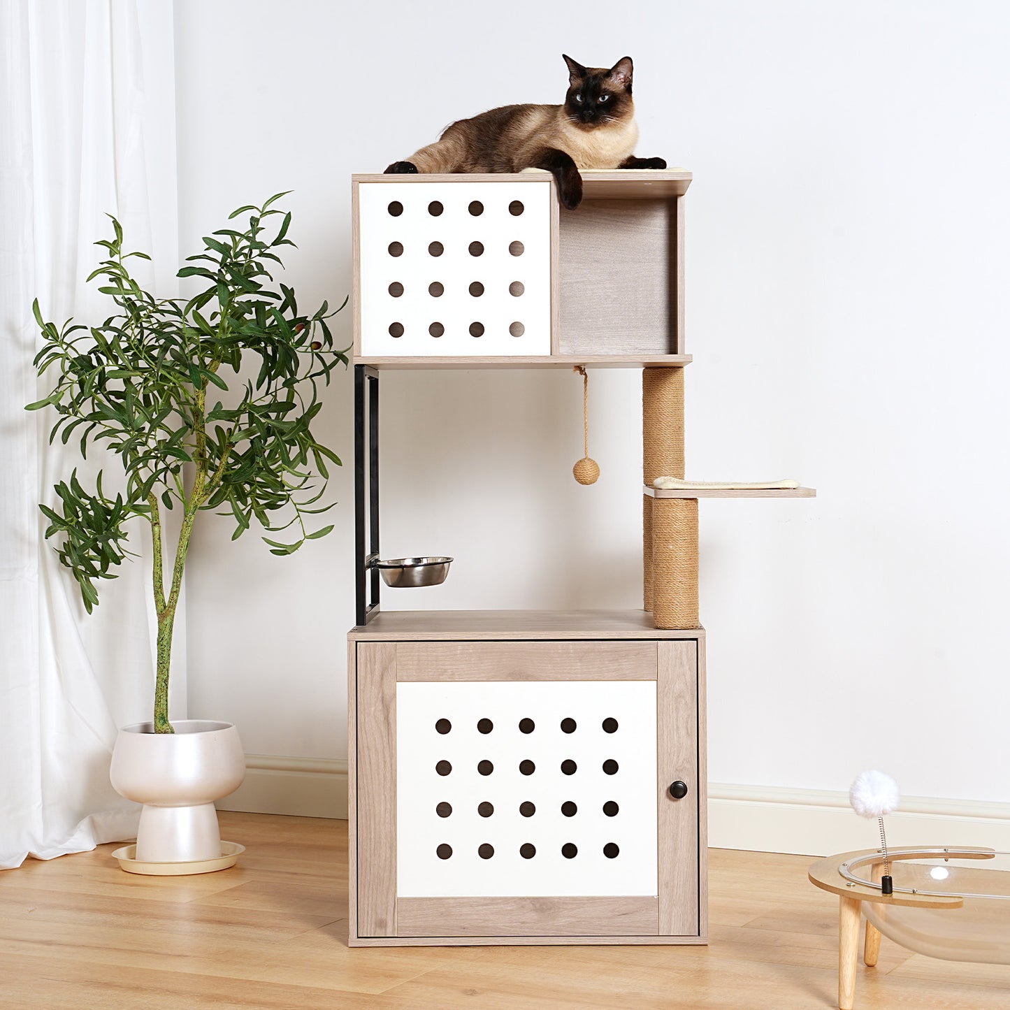 Cat Tree with Litter Box Enclosure, All-in-one Cat Tower for Indoor Cats with Large Hammock, Bed, Food Station, Scratching Posts, Modern Style Pet Furniture, Gray+white