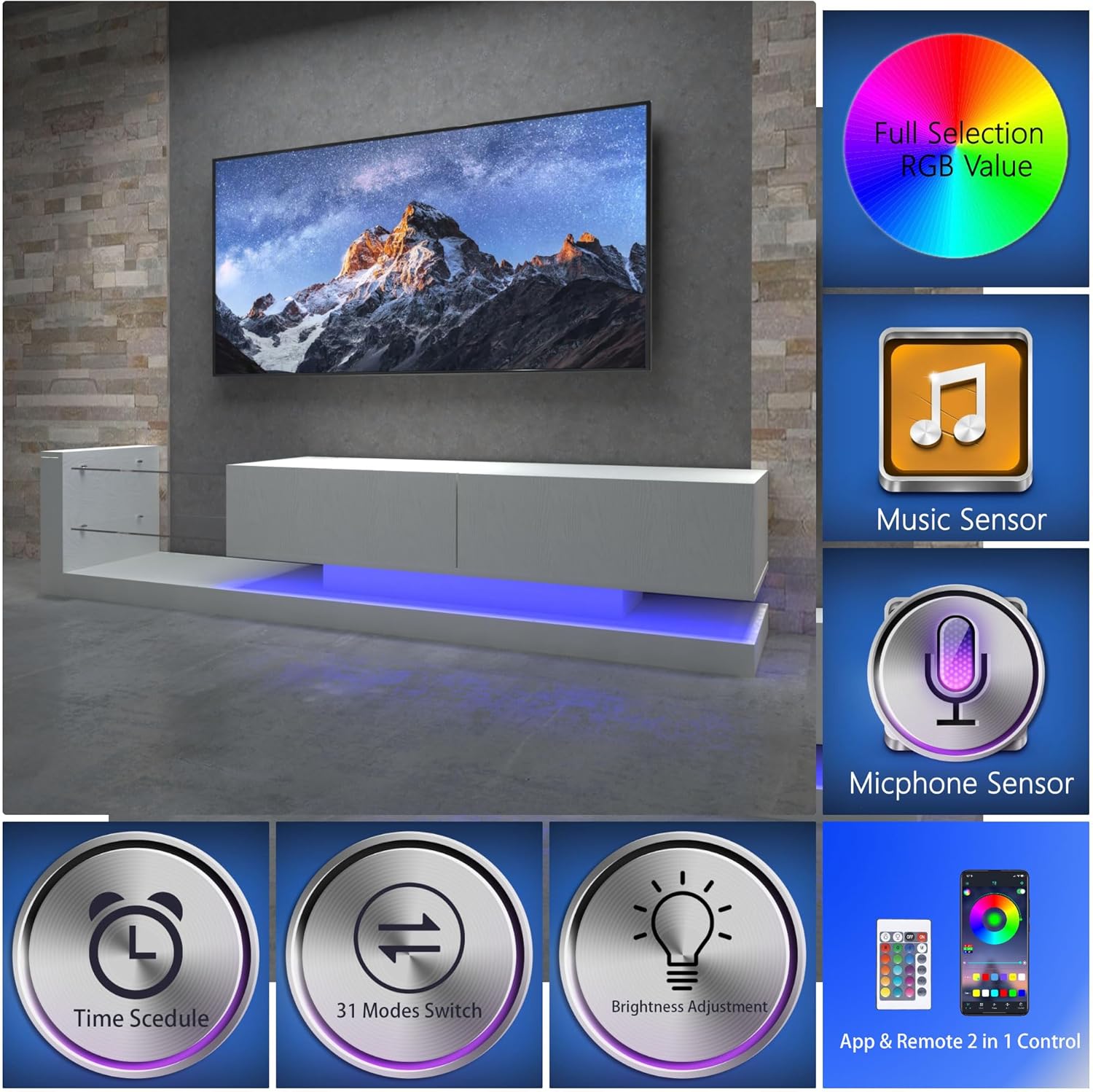 75 Inch TV Stand White Modern Entertainment Center
