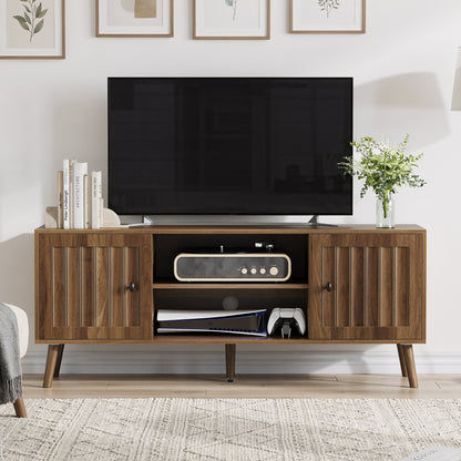 55-inch wooden TV cabinet with 2 vertical groove doors, adjustable storage shelves, living room storage cabinet, entertainment center with storage space, walnut color