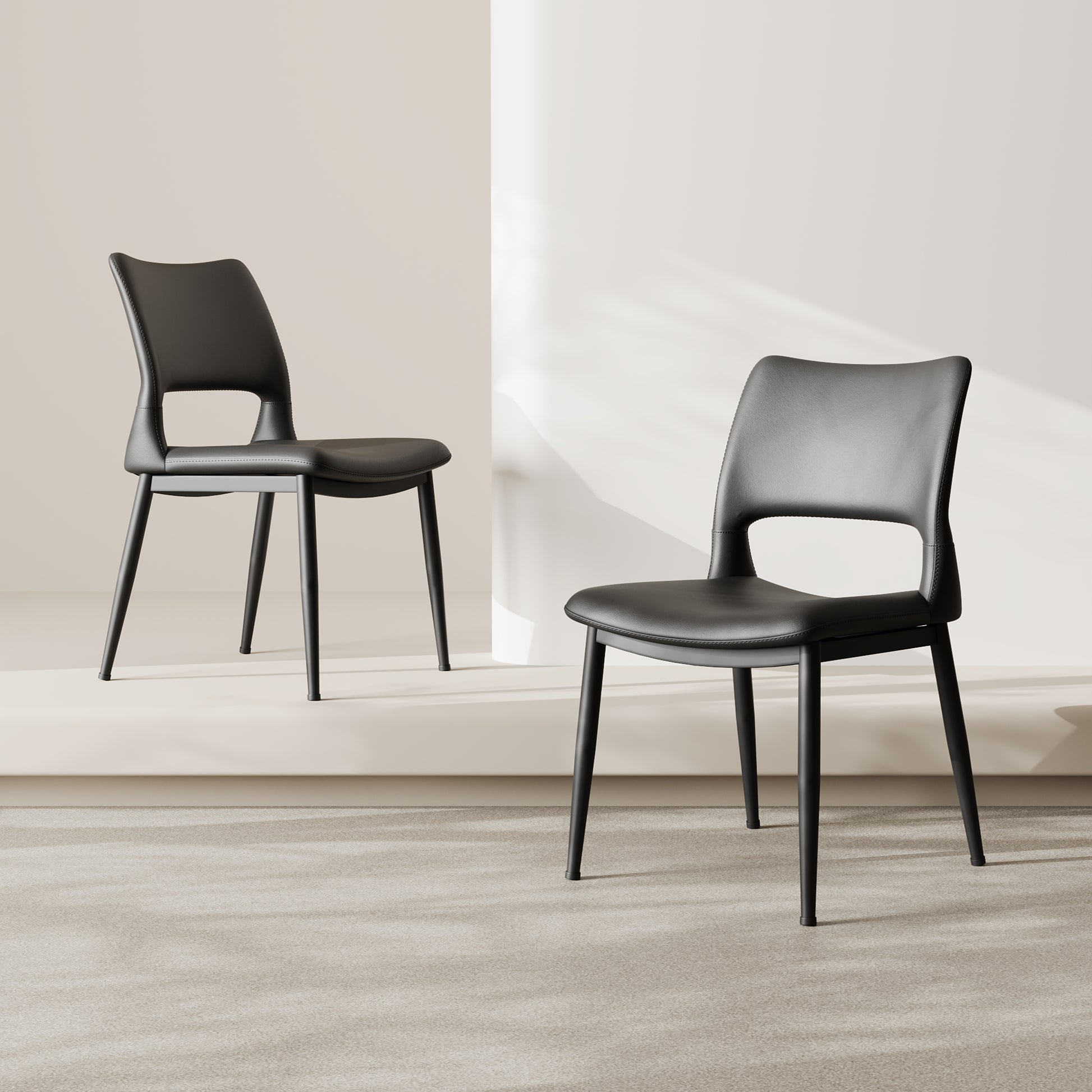 Modern minimalist black PU leather Dining Chairs Set of 2, comfortable backrest design, metal leg support, suitable for restaurants, kitchens, and offices.