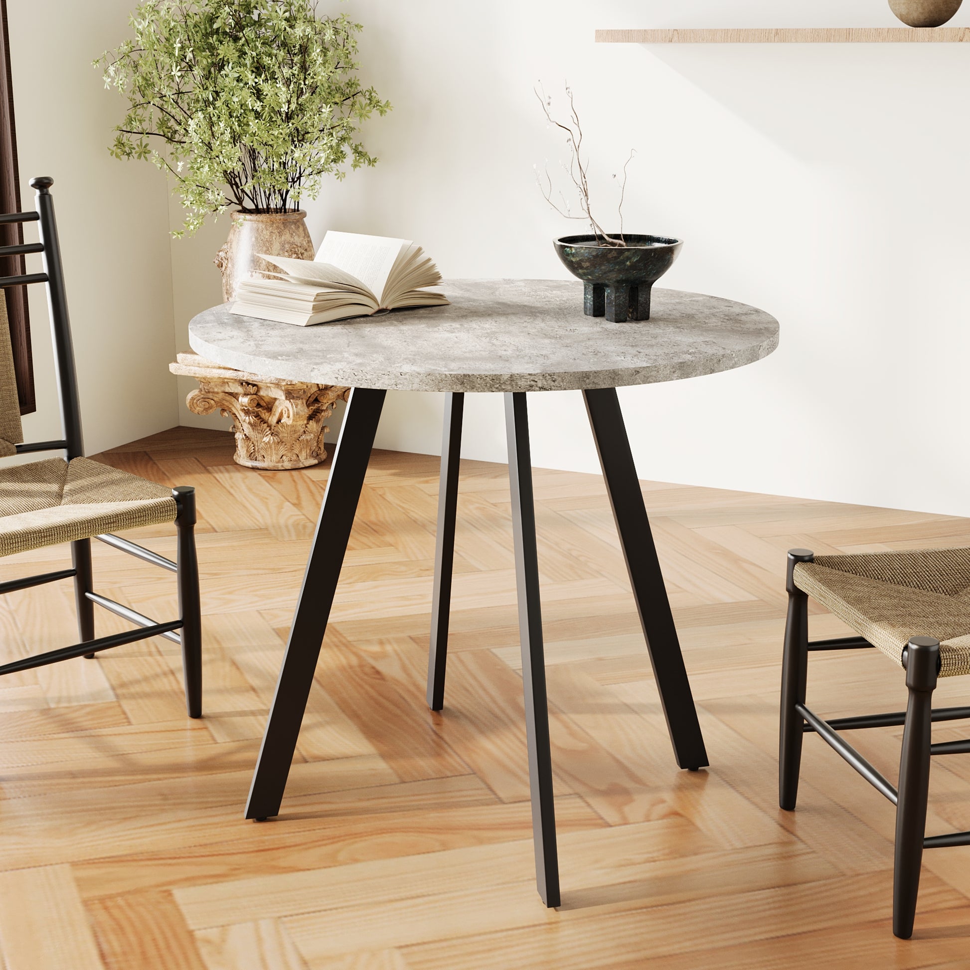 Modern minimalist circular dining table, gray cement texture, suitable for restaurants, kitchens, and offices, medieval modern small circular dining table 33.5 inches, casual coffee table