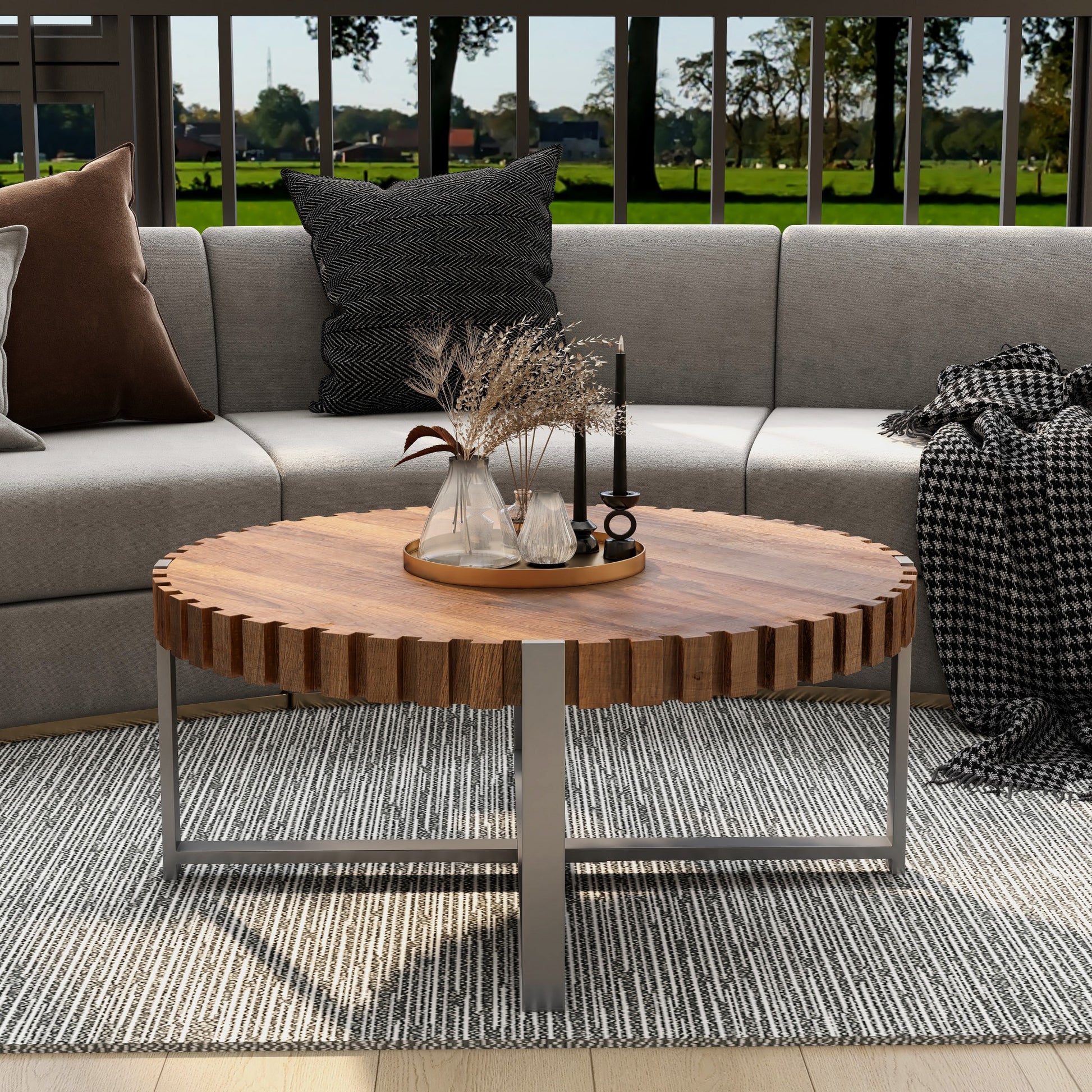 31.4-inch living room circular coffee table, modern natural wood grain handmade drum shaped coffee table, wooden Felief coffee table, sturdy base coffee table