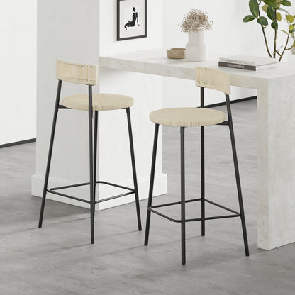 Counter Stools Set of 2 Handwoven Paper Rope Bar Stools Boho Round Dining Pub Chairs for Kitchen (Black & Creamy White)