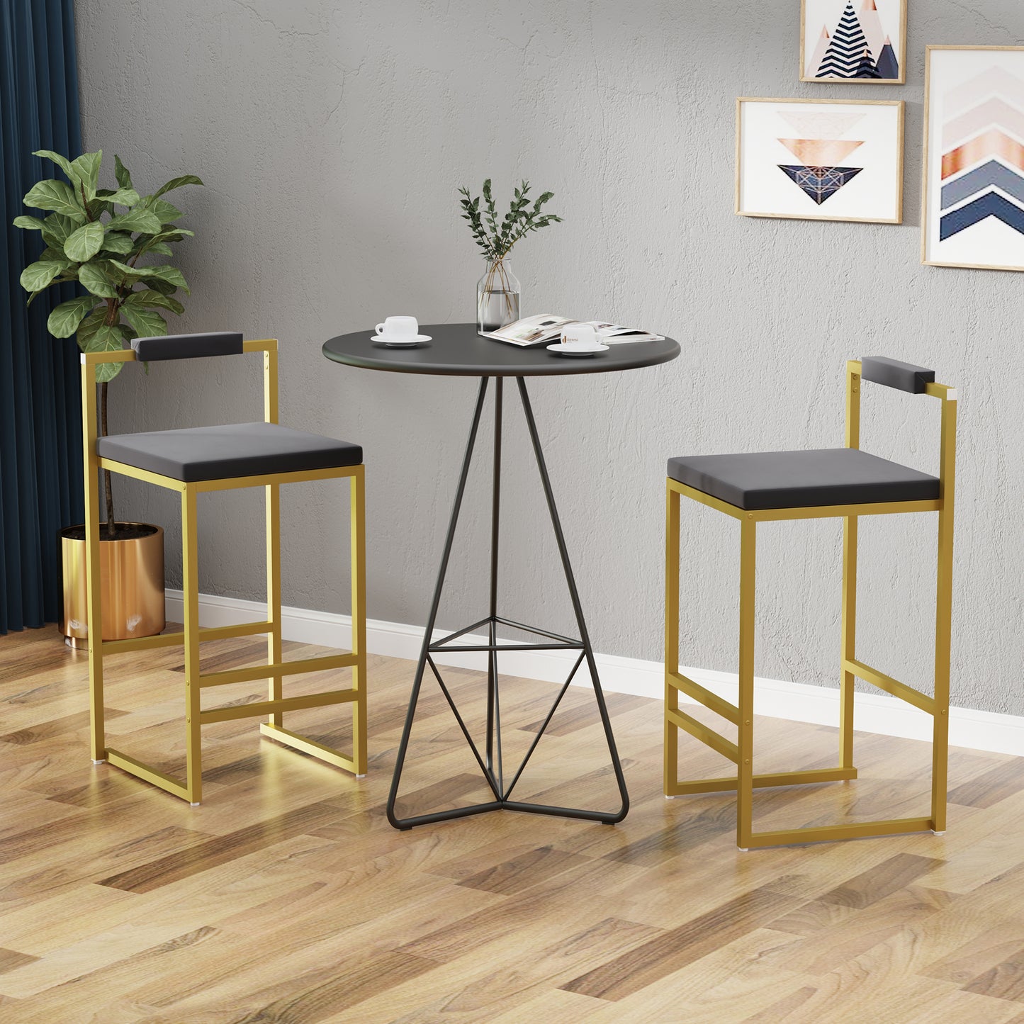 Set of 2 Bar Stools with Backrest & Footrest Counter Height Velvet Upholstered Dining Chairs for Kitchen Island (Gold & Gray)